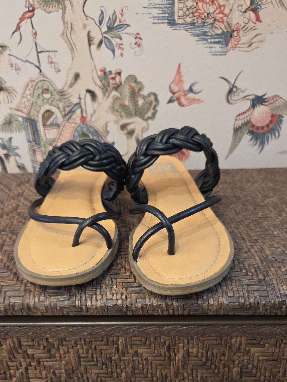 DV by Dolce Vita Black Braided Toe-Loop Sandals with Tan Footbed